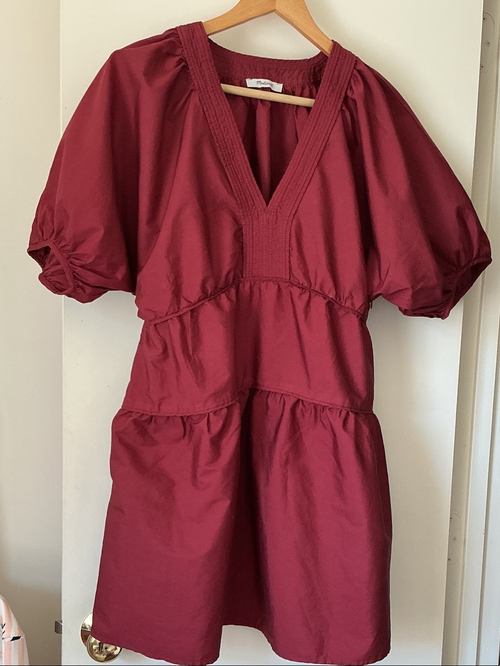 MADEWELL Deep Red V-Neck Tiered Mini Dress